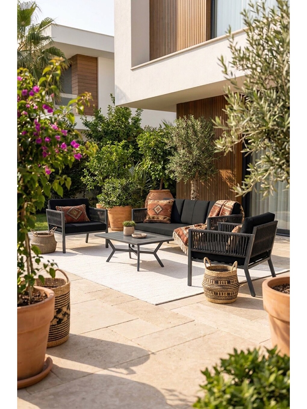 Lido Bahçe & Balkon Oturma Takımı | İp Örgü Metal Karkas, 2+2 Koltuk, Antrasit Siyah-2