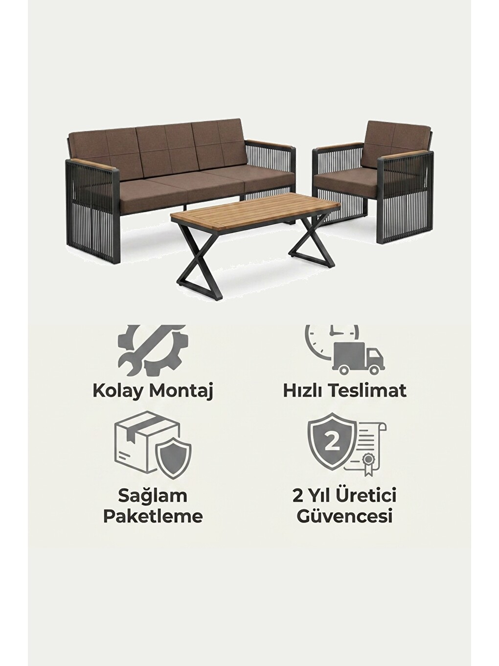 Kahverengi Maris Bahçe Balkon Oturma Takımı | İp Örgü Metal Karkas, 3+1 Koltuk, Antrasit Kahve-6