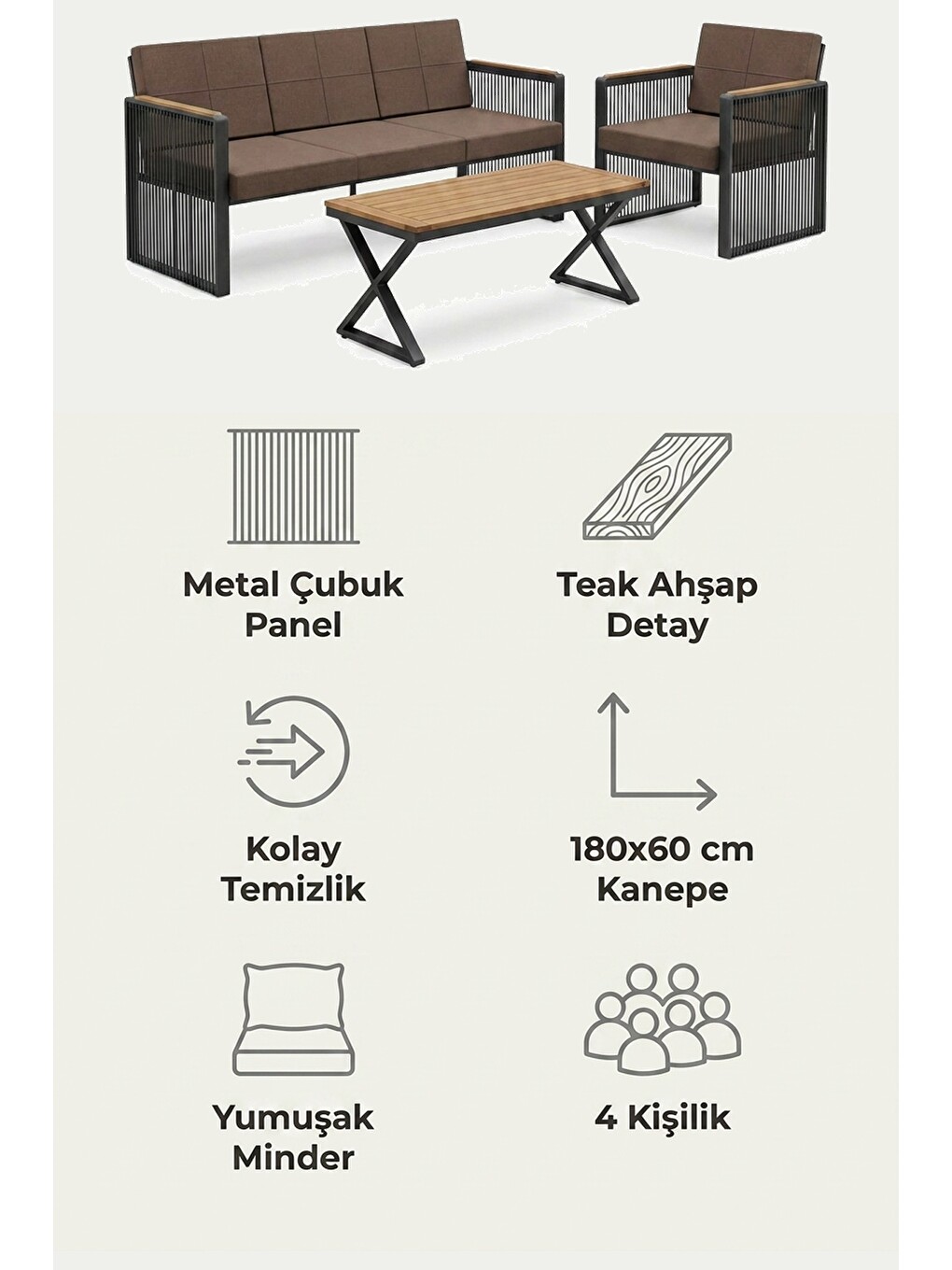 Kahverengi Maris Bahçe Balkon Oturma Takımı | İp Örgü Metal Karkas, 3+1 Koltuk, Antrasit Kahve-7