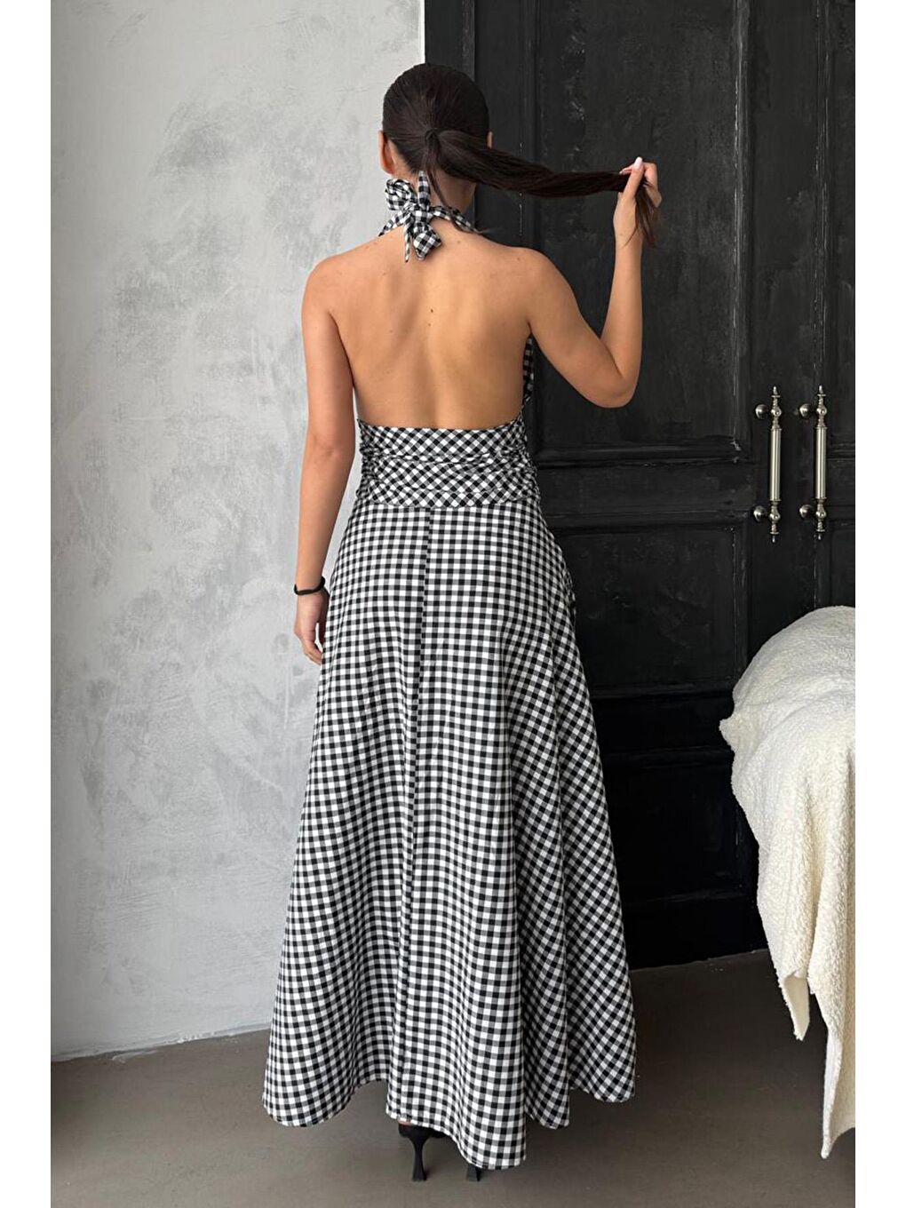 Siyah Ekoseli Midi Boy Kadın Elbise Mg2350-8