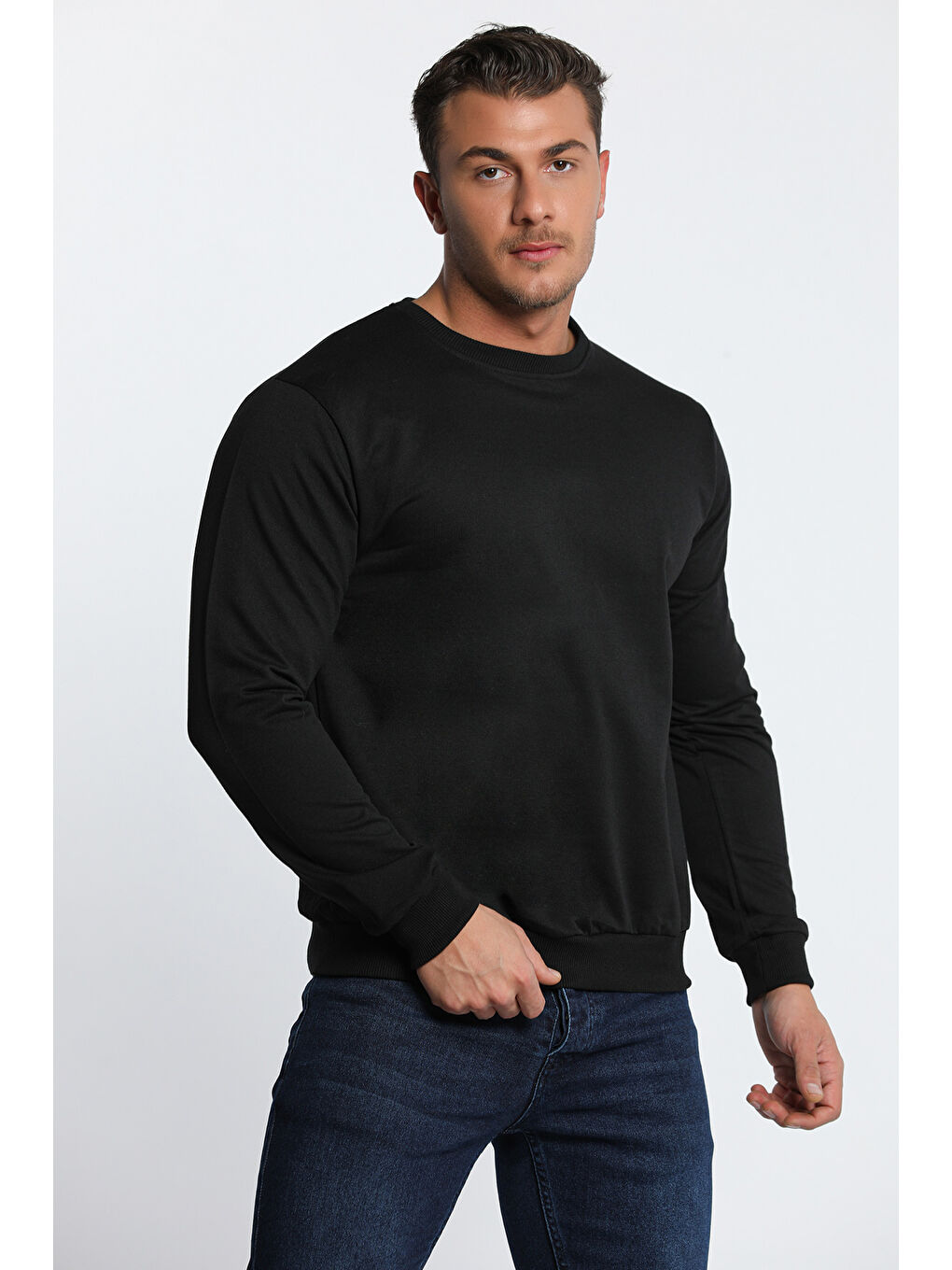 Siyah Erkek Bisiklet Yaka Sweatshirt