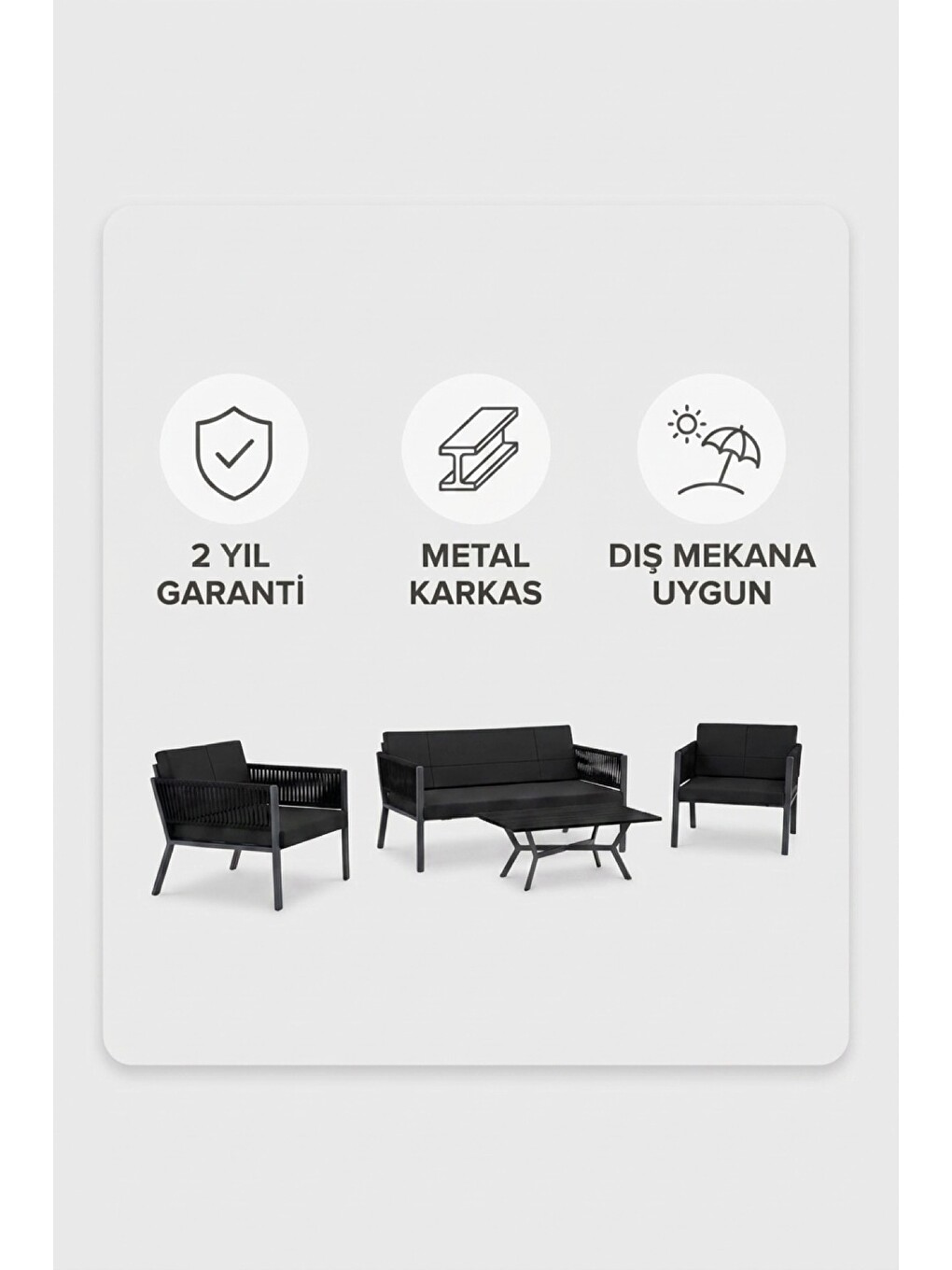 Lido Bahçe & Balkon Oturma Takımı | İp Örgü Metal Karkas, 2+2 Koltuk, Antrasit Siyah-4
