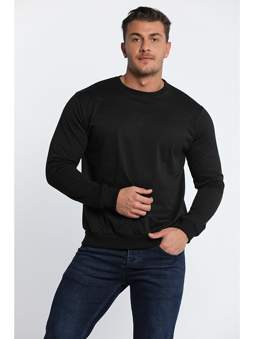 Siyah Erkek Bisiklet Yaka Sweatshirt-1