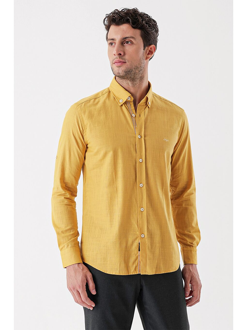 Sarı Hardal Kısalabilir  Biyeli %100 Pamuk Klasik Slim Fit Dar Kesim Gömlek 1004230227