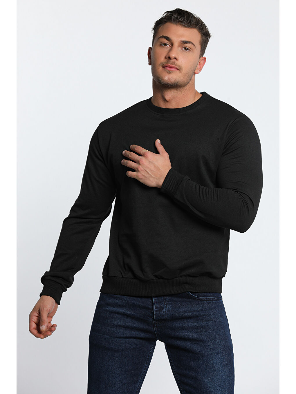 Siyah Erkek Bisiklet Yaka Sweatshirt-2