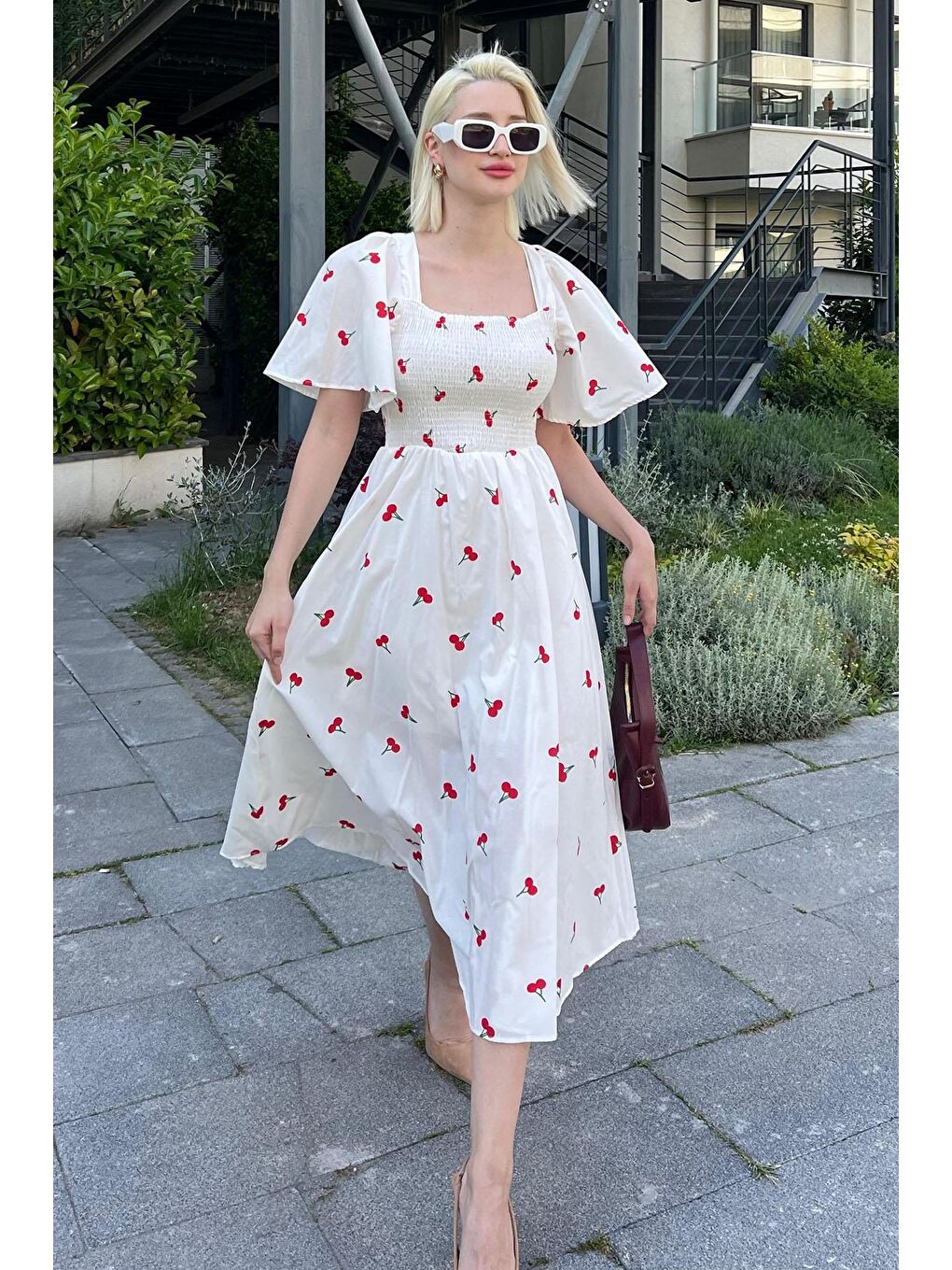 Beyaz Desenli Midi Boy Kadın Elbise Mg2475-1