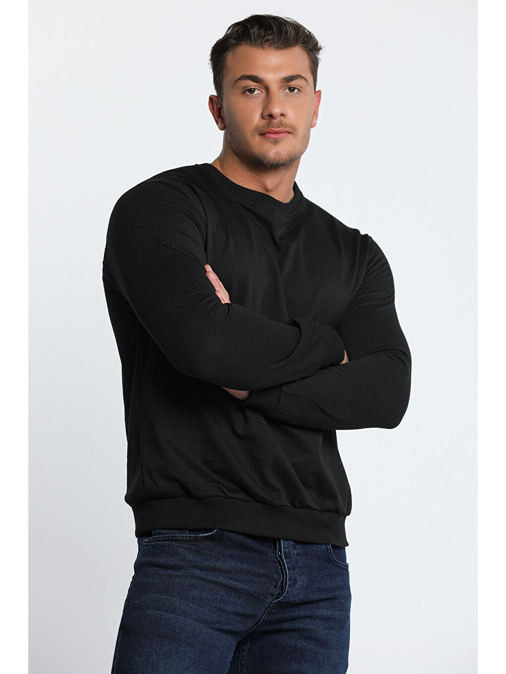 Siyah Erkek Bisiklet Yaka Sweatshirt-3