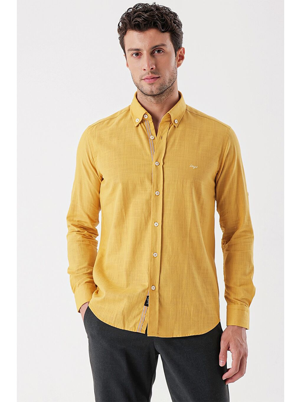 Sarı Hardal Kısalabilir  Biyeli %100 Pamuk Klasik Slim Fit Dar Kesim Gömlek 1004230227-1