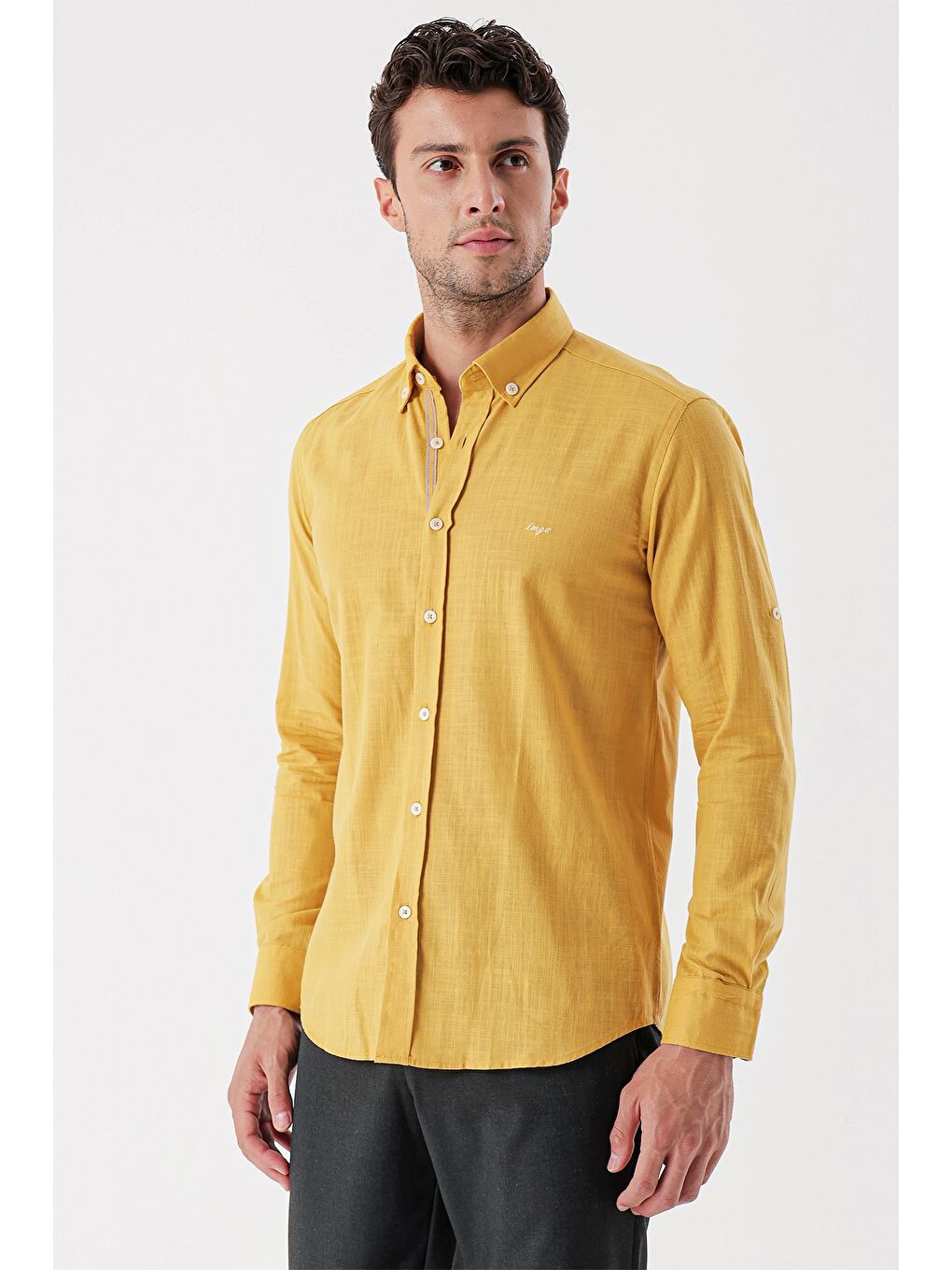 Sarı Hardal Kısalabilir  Biyeli %100 Pamuk Klasik Slim Fit Dar Kesim Gömlek 1004230227-2