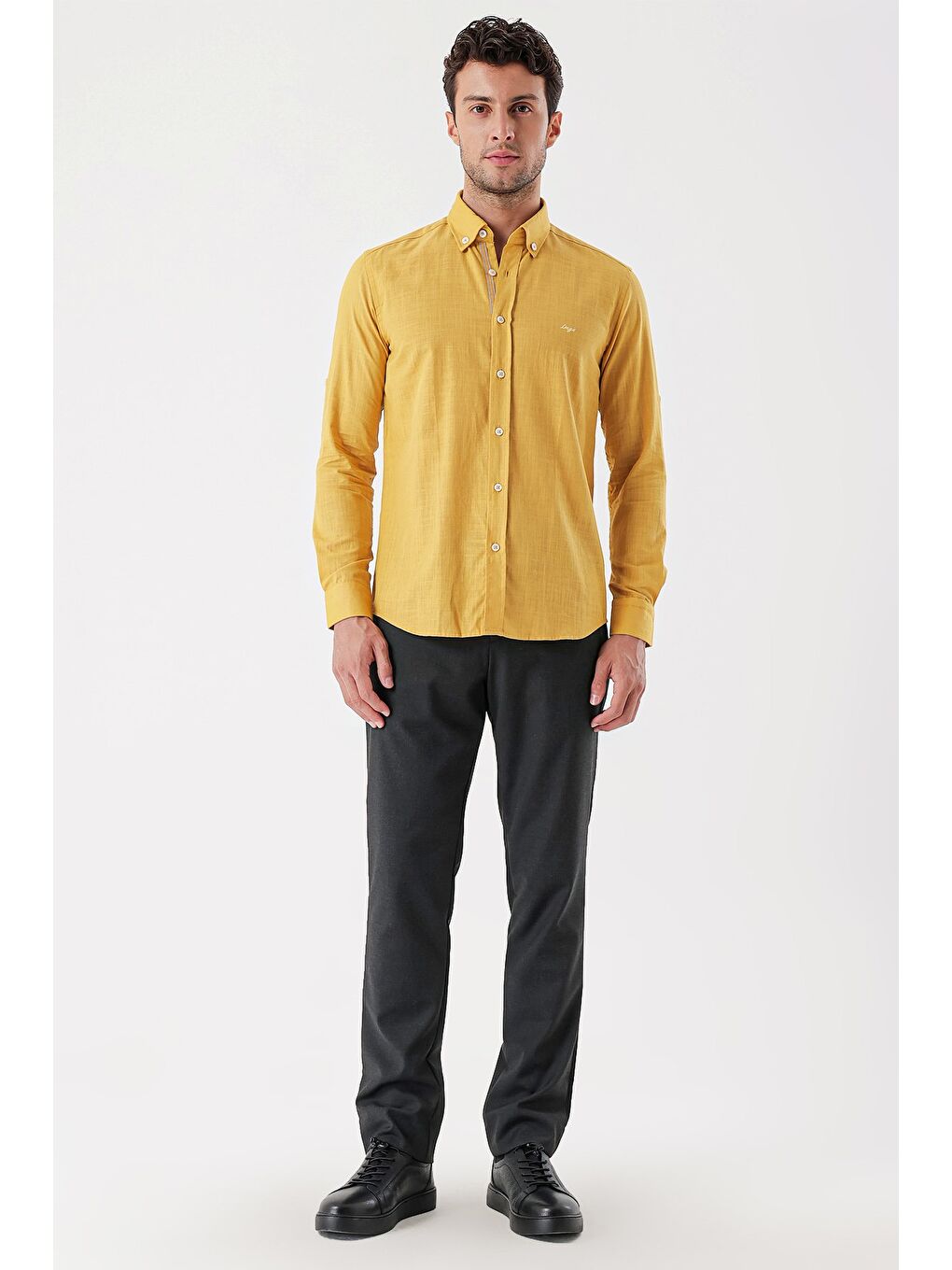 Sarı Hardal Kısalabilir  Biyeli %100 Pamuk Klasik Slim Fit Dar Kesim Gömlek 1004230227-3