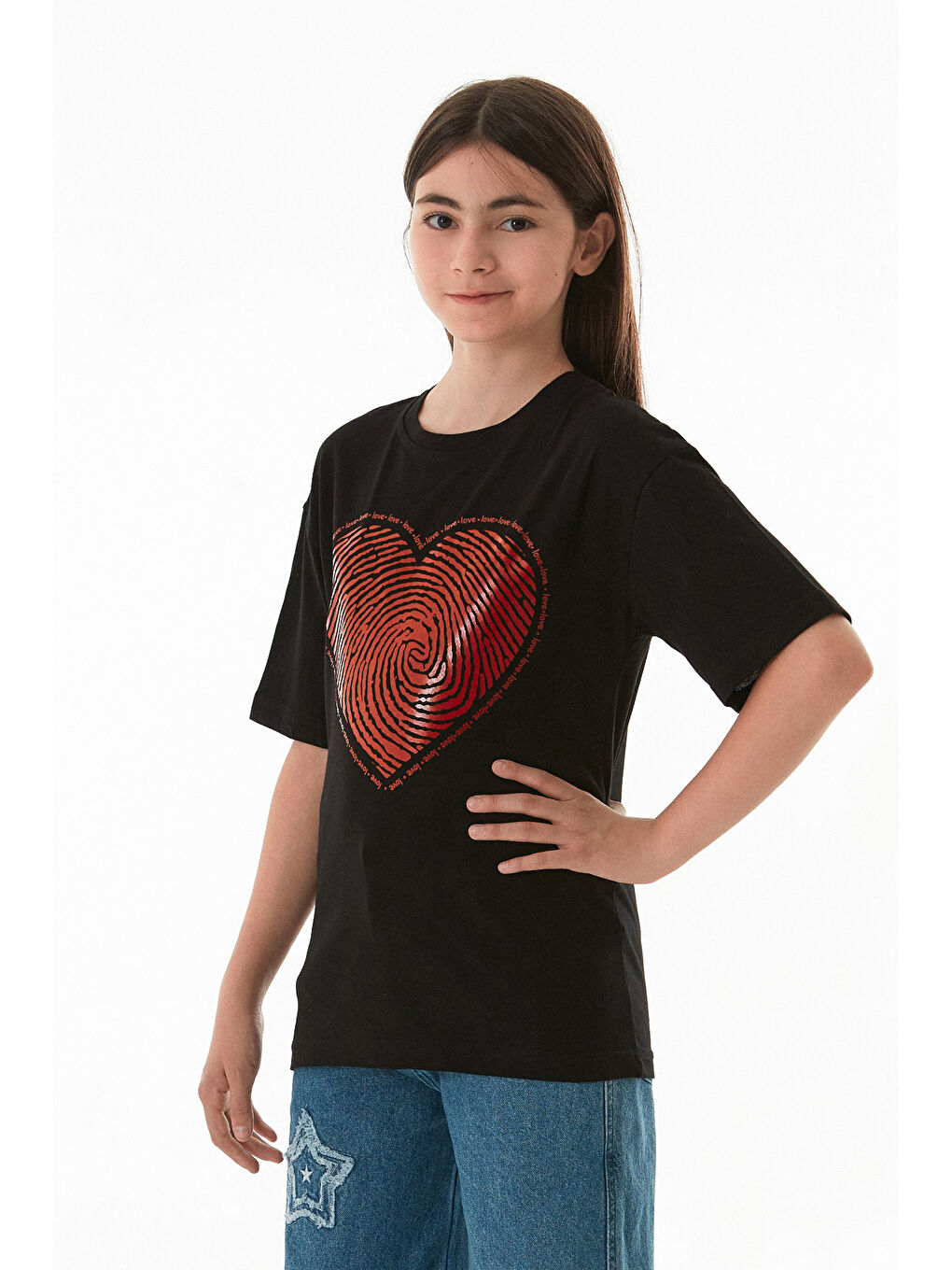 Siyah Kalp Ve Love Yazı Baskılı Kız Çocuk Oversize Tişört