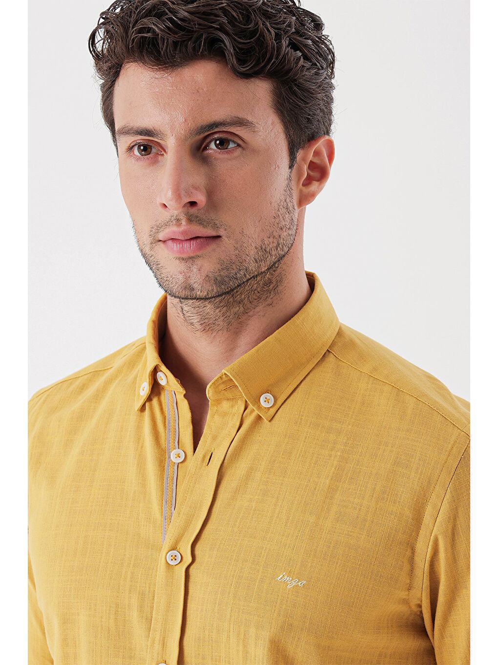 Sarı Hardal Kısalabilir  Biyeli %100 Pamuk Klasik Slim Fit Dar Kesim Gömlek 1004230227-4