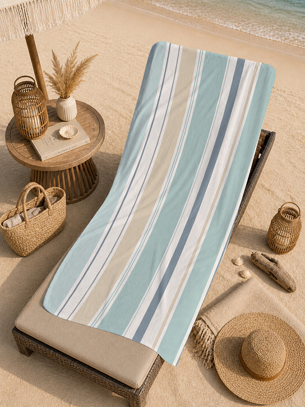 Pastel Mavi Gri Dikey Çizgili Minimal Desenli 70x150 Plaj Havlusu - Dijital Baskılı Banyo Havlusu-1