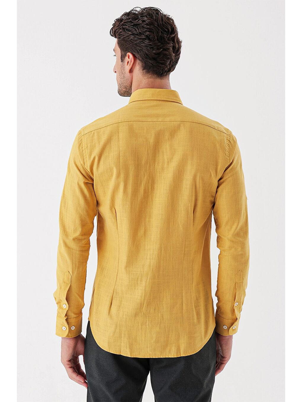 Sarı Hardal Kısalabilir  Biyeli %100 Pamuk Klasik Slim Fit Dar Kesim Gömlek 1004230227-5