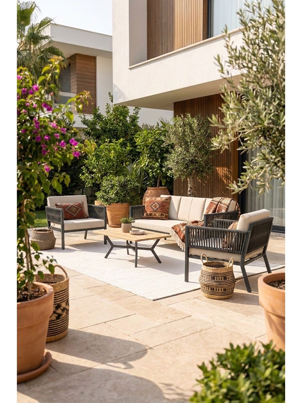 Ekru Lido Bahçe & Balkon Oturma Takımı | İp Örgü Metal Karkas, 2+2 Koltuk, Antrasit Krem-2