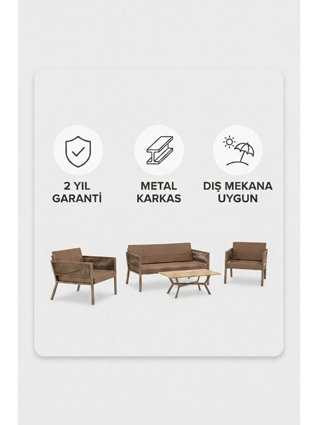 Kahverengi Lido Bahçe & Balkon Oturma Takımı | İp Örgü Metal Karkas, 2+2 Koltuk, Cappucino Kahve-4
