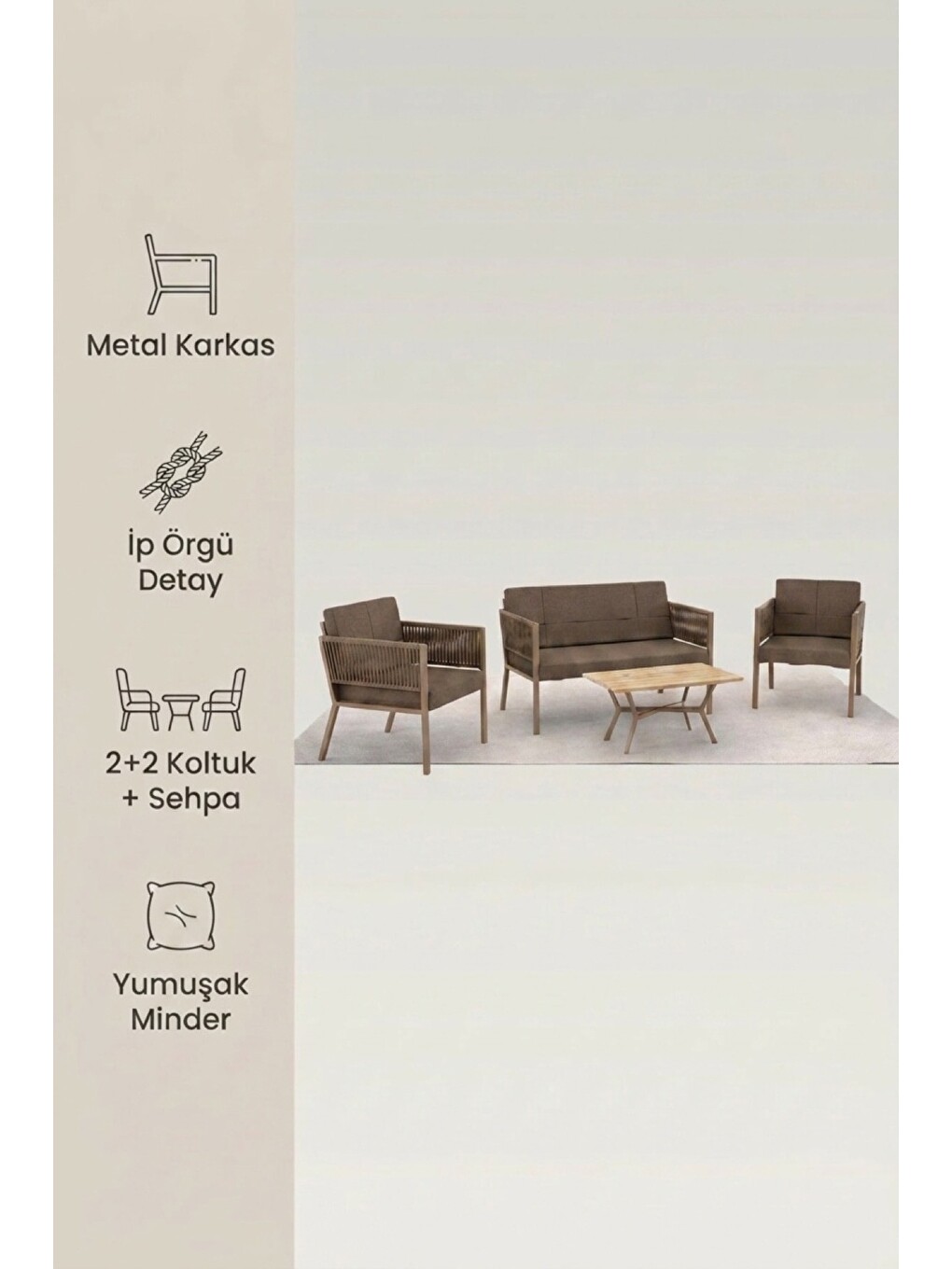 Kahverengi Lido Bahçe & Balkon Oturma Takımı | İp Örgü Metal Karkas, 2+2 Koltuk, Cappucino Kahve-5