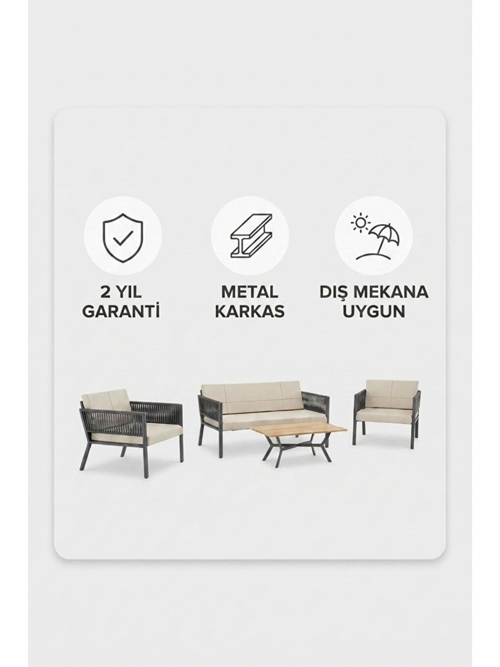 Ekru Lido Bahçe & Balkon Oturma Takımı | İp Örgü Metal Karkas, 2+2 Koltuk, Antrasit Krem-4