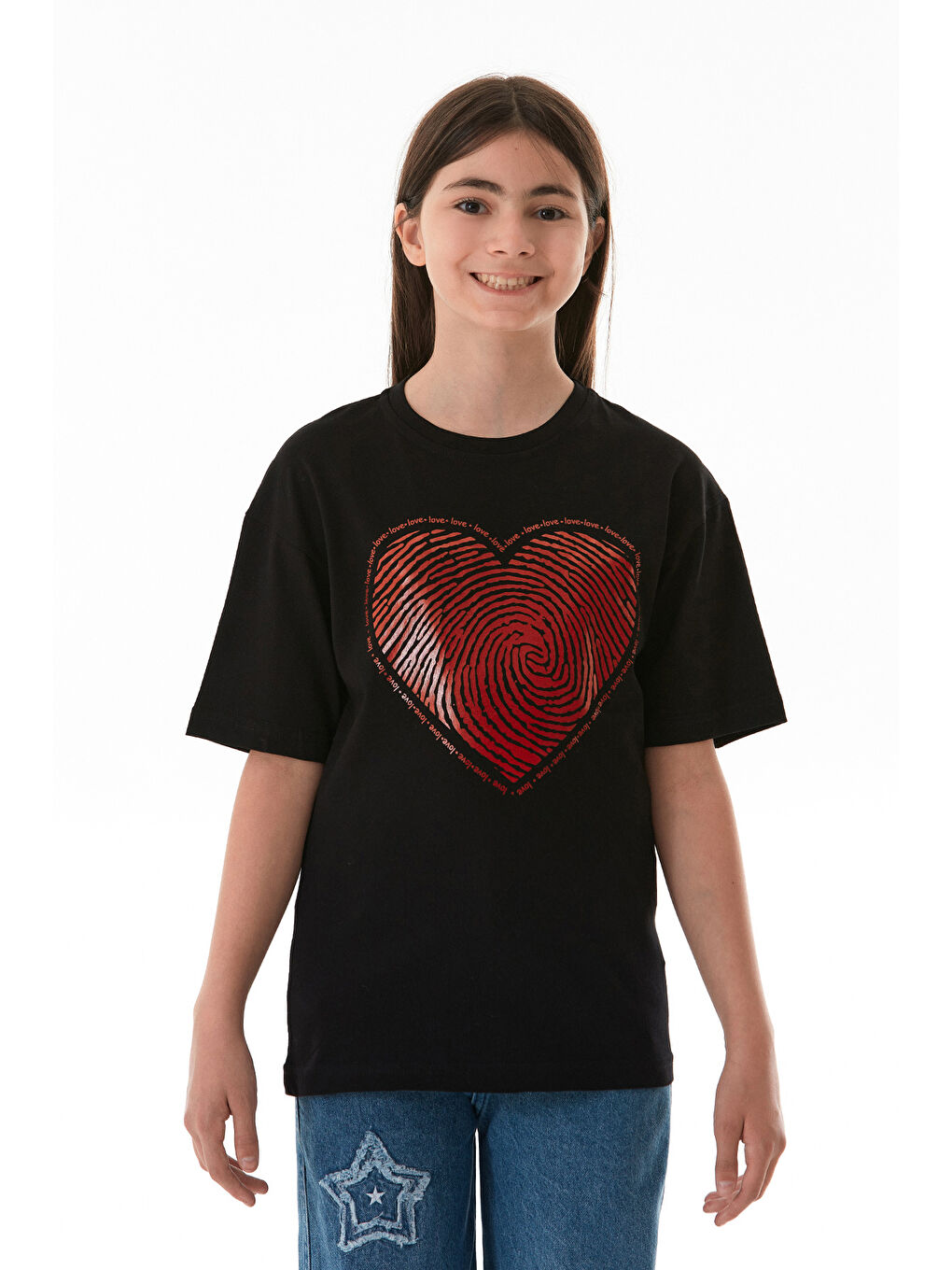Siyah Kalp Ve Love Yazı Baskılı Kız Çocuk Oversize Tişört-1