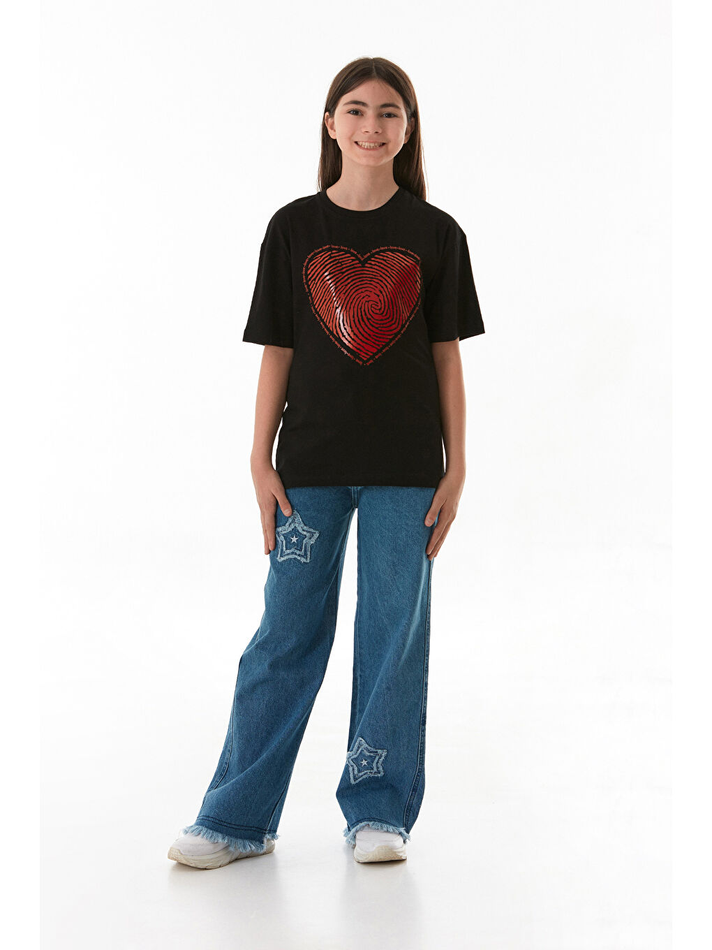 Siyah Kalp Ve Love Yazı Baskılı Kız Çocuk Oversize Tişört-2