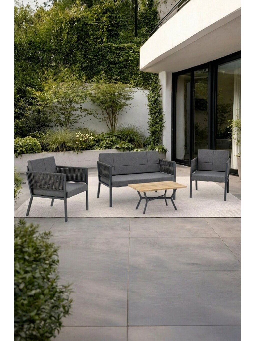 Lido Bahçe & Balkon Oturma Takımı | İp Örgü Metal Karkas, 2+2 Koltuk, Antrasit Koyu Gri-1
