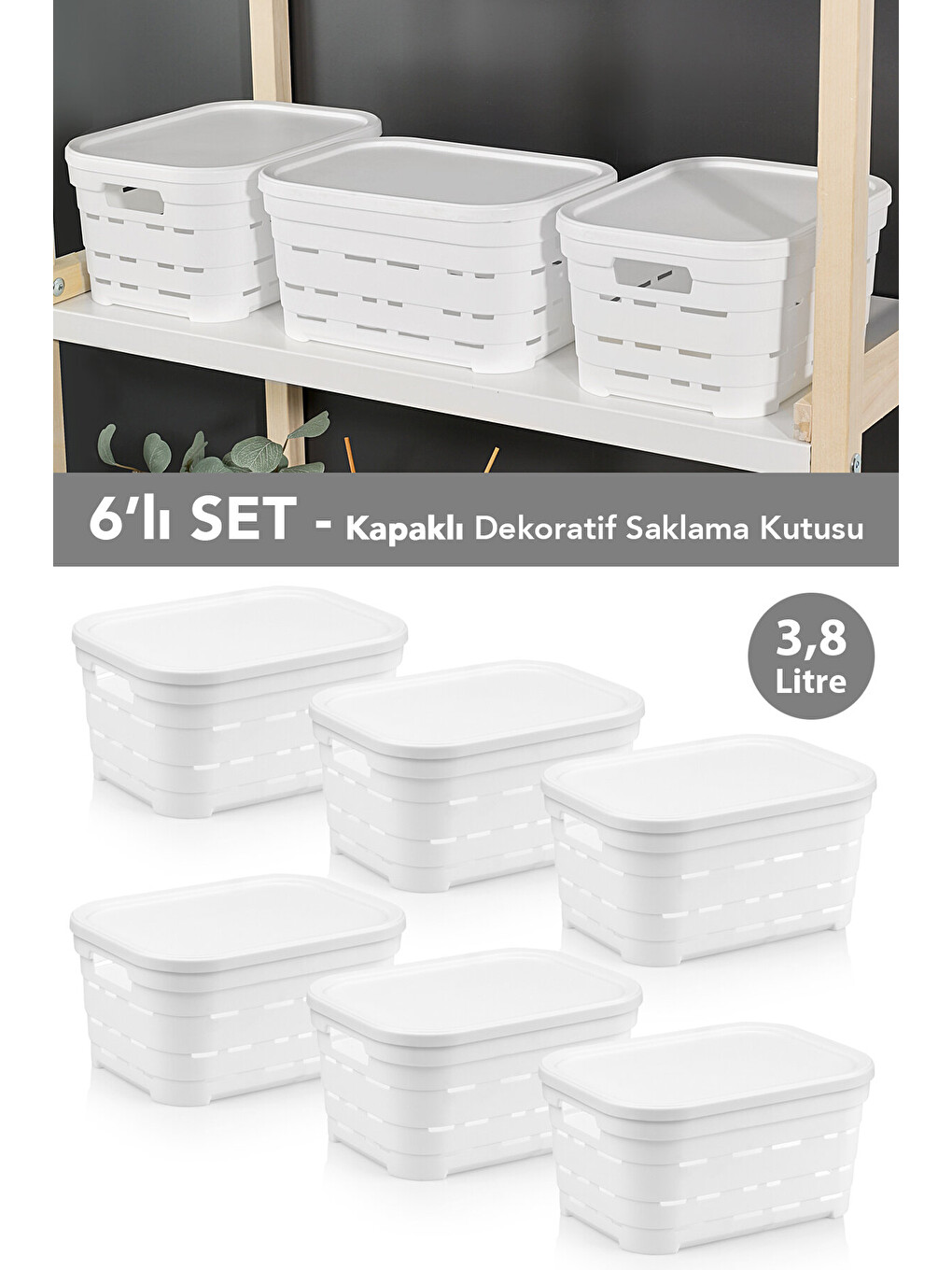 Beyaz 6'lı Kapaklı Delikli Dekoratif Piramit Saklama Kutusu