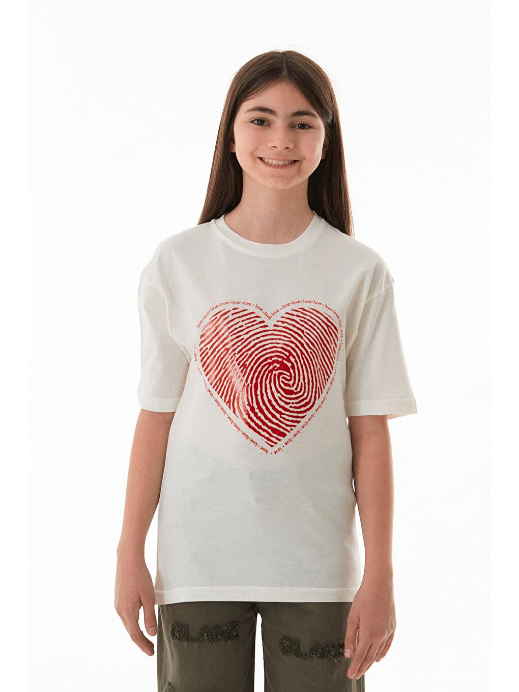 Ekru Kalp Ve Love Yazı Baskılı Kız Çocuk Oversize Tişört
