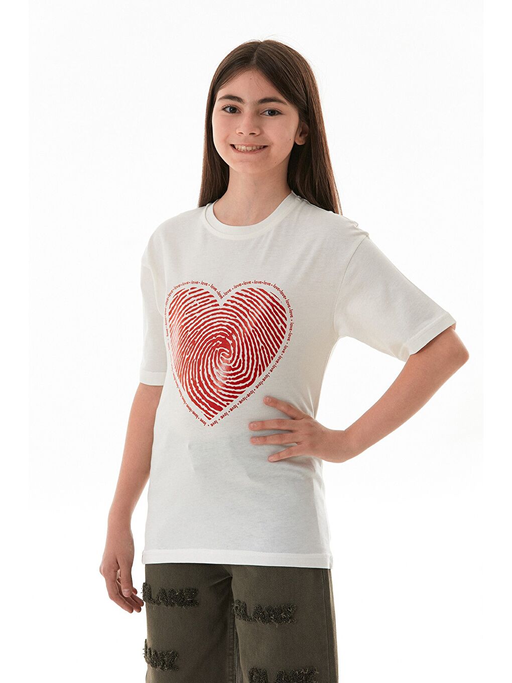 Ekru Kalp Ve Love Yazı Baskılı Kız Çocuk Oversize Tişört-1
