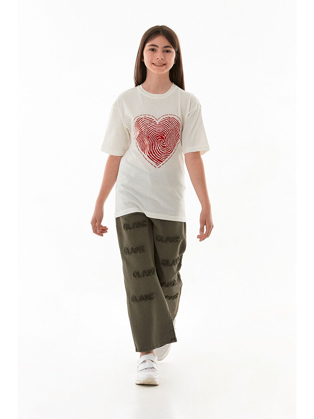 Ekru Kalp Ve Love Yazı Baskılı Kız Çocuk Oversize Tişört-2