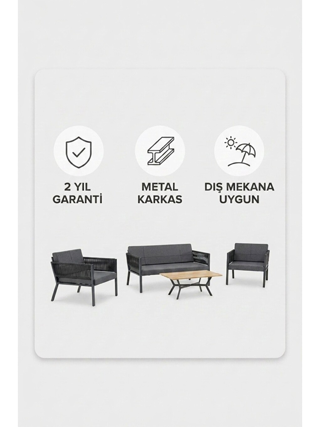 Lido Bahçe & Balkon Oturma Takımı | İp Örgü Metal Karkas, 2+2 Koltuk, Antrasit Koyu Gri-4