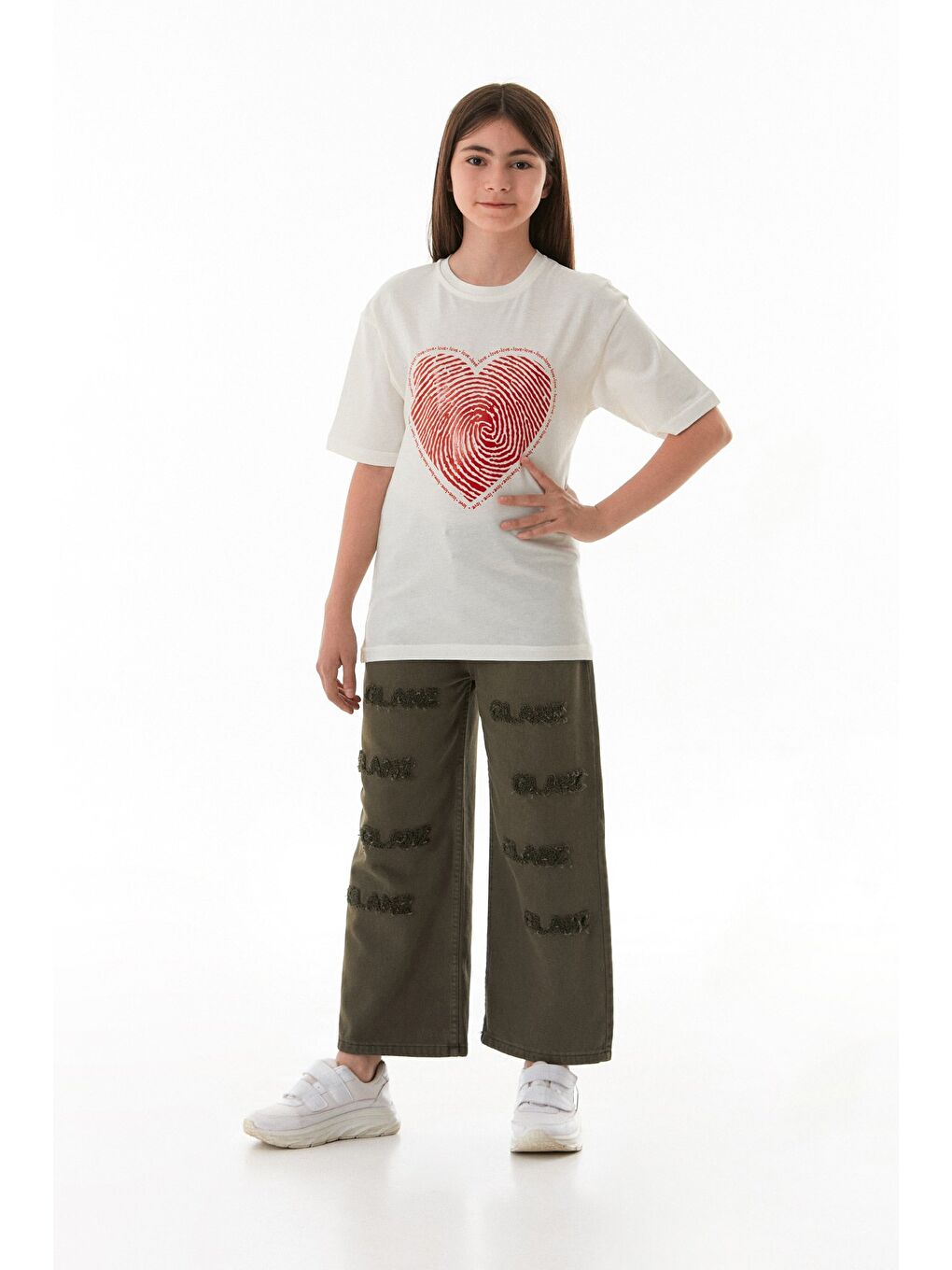 Ekru Kalp Ve Love Yazı Baskılı Kız Çocuk Oversize Tişört-4