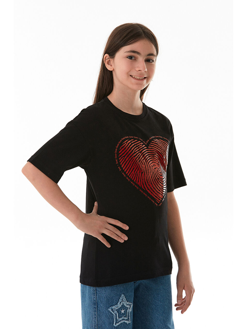 Siyah Kalp Ve Love Yazı Baskılı Kız Çocuk Oversize Tişört-3