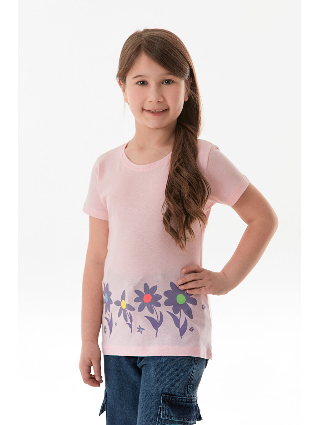 Pembe %100 Pamuk Çiçek Baskılı Kız Çocuk Tişört