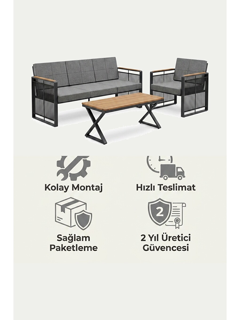 Antrasit Maris Bahçe Balkon Oturma Takımı | İp Örgü Metal Karkas, 3+1 Koltuk, Teak Masa-6