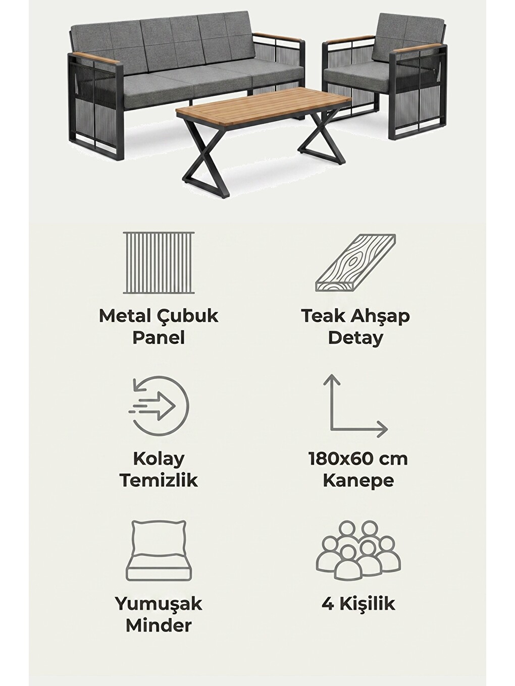 Antrasit Maris Bahçe Balkon Oturma Takımı | İp Örgü Metal Karkas, 3+1 Koltuk, Teak Masa-7