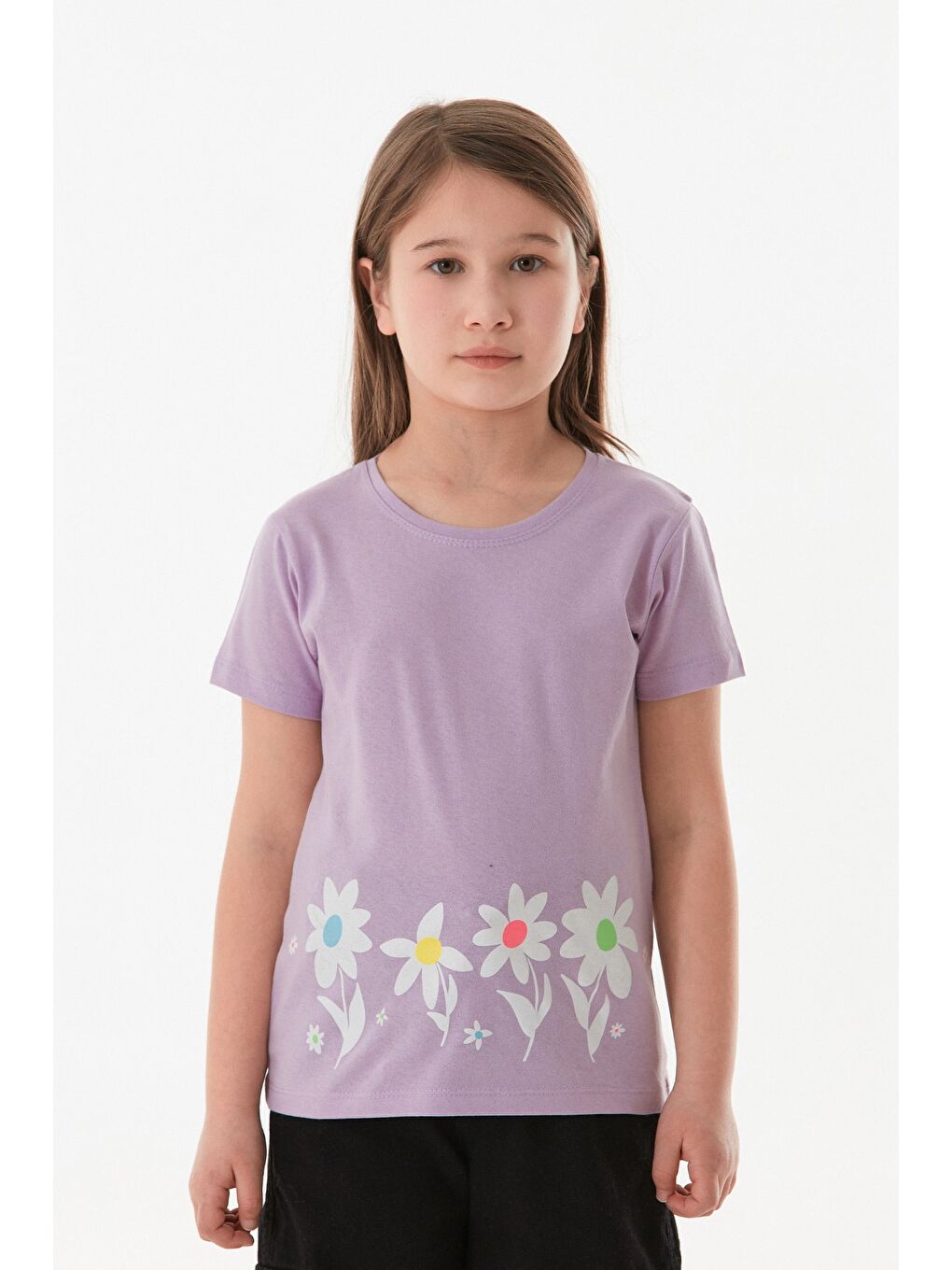 Lila %100 Pamuk Çiçek Baskılı Kız Çocuk Tişört-1