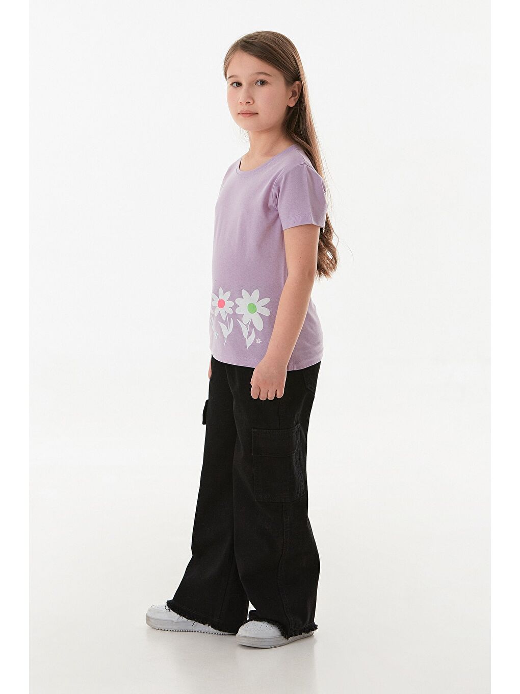 Lila %100 Pamuk Çiçek Baskılı Kız Çocuk Tişört-2