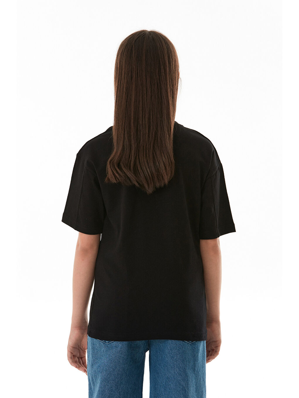 Siyah Kalp Ve Love Yazı Baskılı Kız Çocuk Oversize Tişört-4