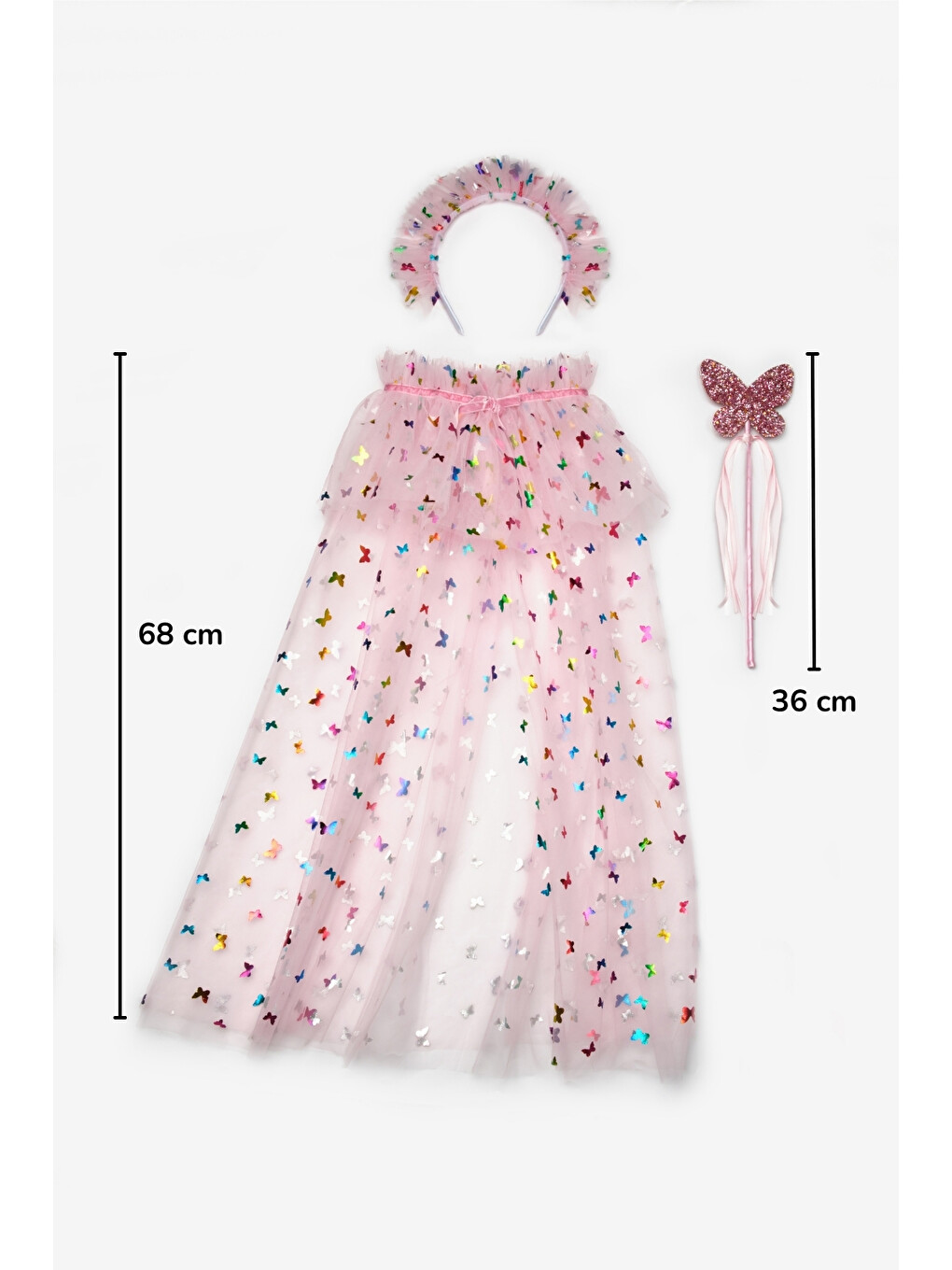 Pembe Kelebek Baskılı Kız Çocuk Pelerin Asa Ve Taç Set-3