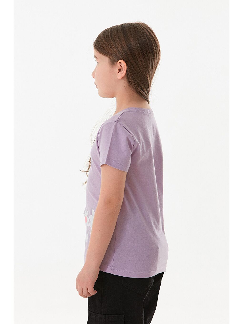 Lila %100 Pamuk Çiçek Baskılı Kız Çocuk Tişört-4