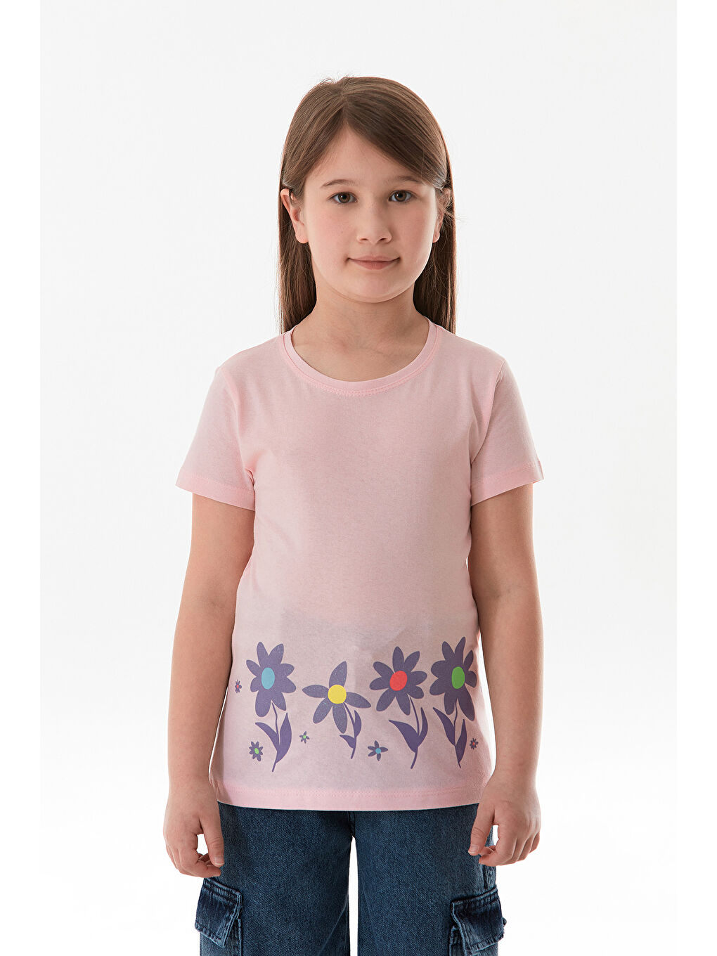 Pembe %100 Pamuk Çiçek Baskılı Kız Çocuk Tişört-1
