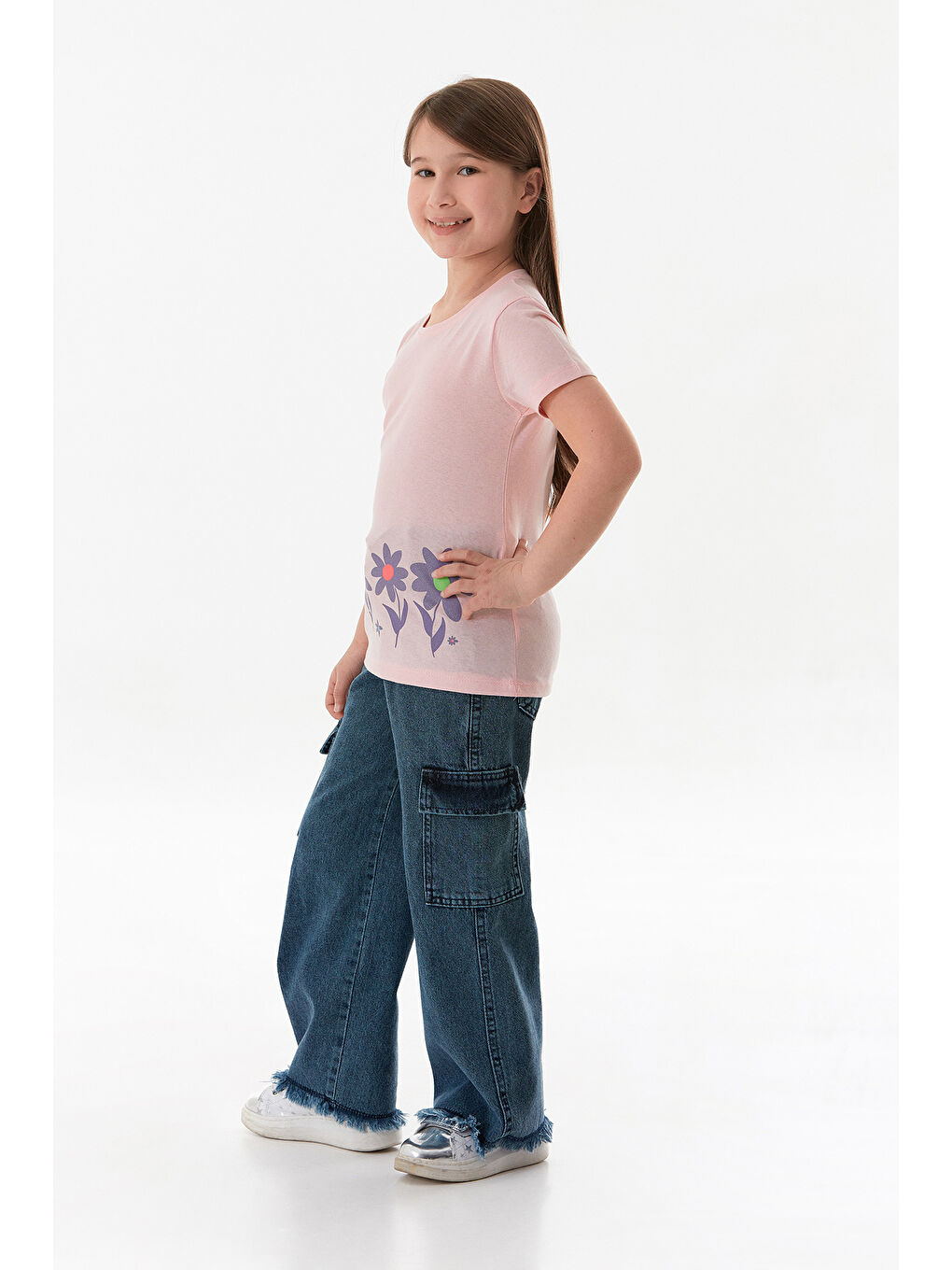 Pembe %100 Pamuk Çiçek Baskılı Kız Çocuk Tişört-2