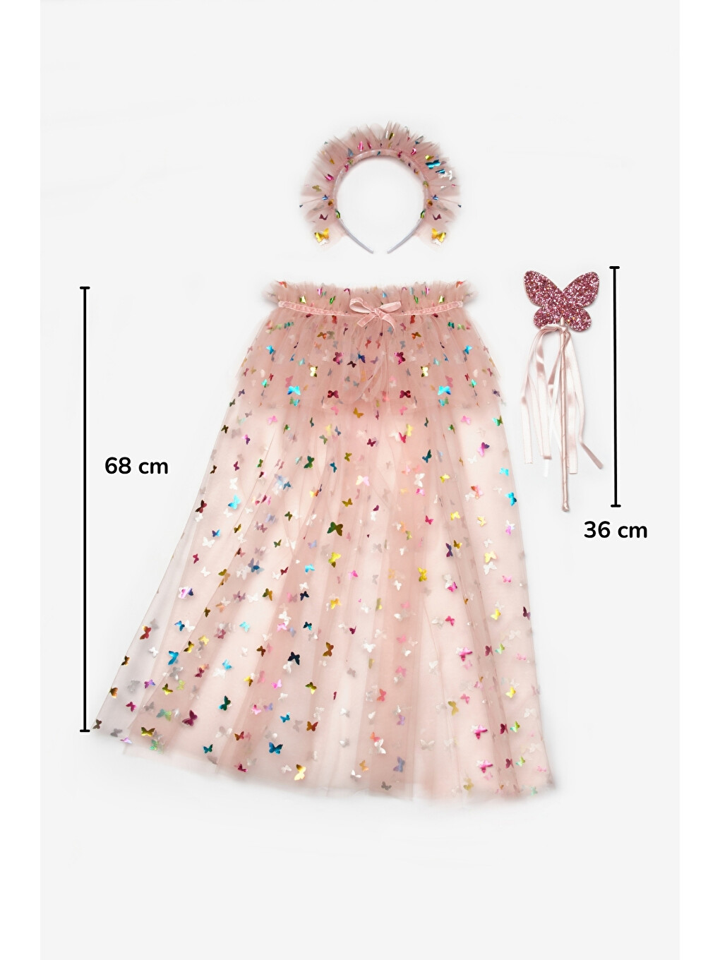 Pembe Pudra Kelebek Baskılı Kız Çocuk Pelerin Asa Ve Taç Set-3