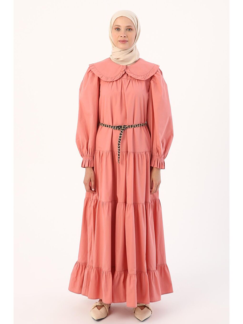 Pembe Gül %100 Pamuk Bebe Yaka Fırfırlı Kemerli Elbise-1