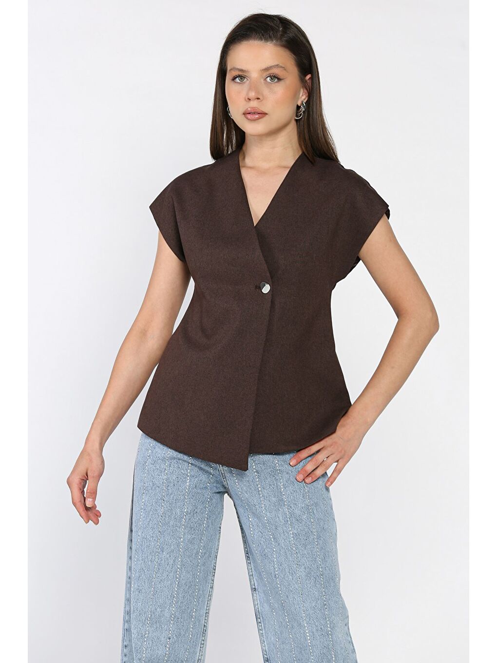 Kahverengi Kadın Astarlı Tek Düğmeli Yelek