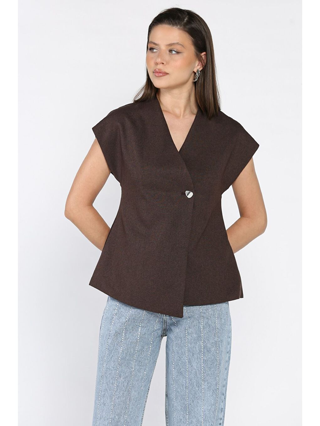 Kahverengi Kadın Astarlı Tek Düğmeli Yelek-1