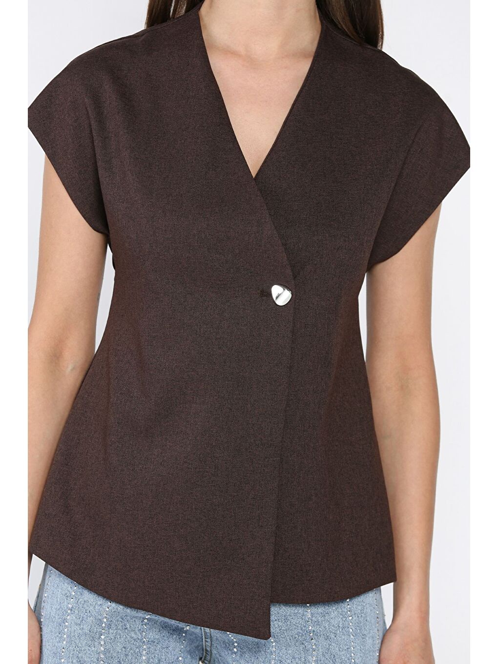 Kahverengi Kadın Astarlı Tek Düğmeli Yelek-3