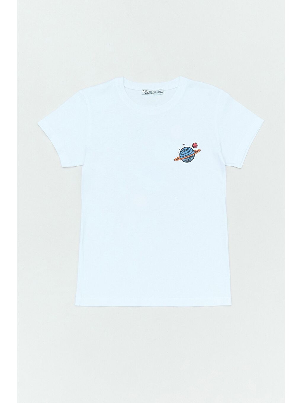 Beyaz %100 Pamuk Önü Ve Arkası Gezegen Baskılı Kız Çocuk Tişört
