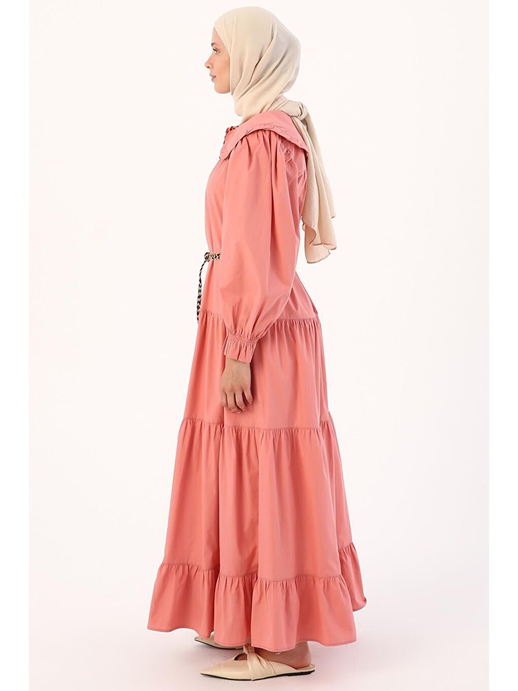 Pembe Gül %100 Pamuk Bebe Yaka Fırfırlı Kemerli Elbise-2