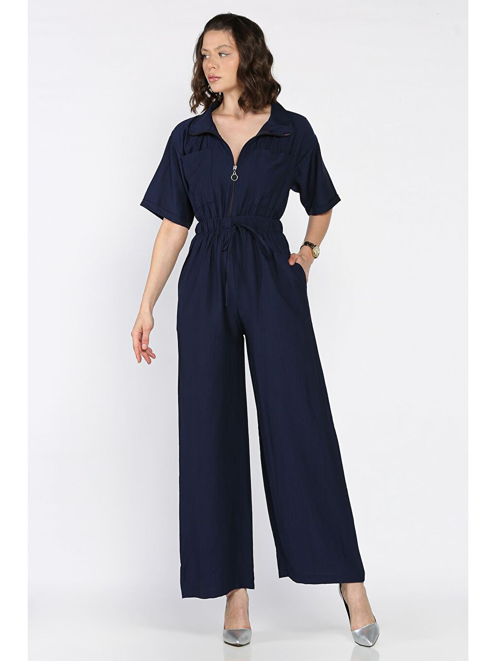 Lacivert Yarım Fermuarlı Bel Lastikli Kısa Kol Tulum